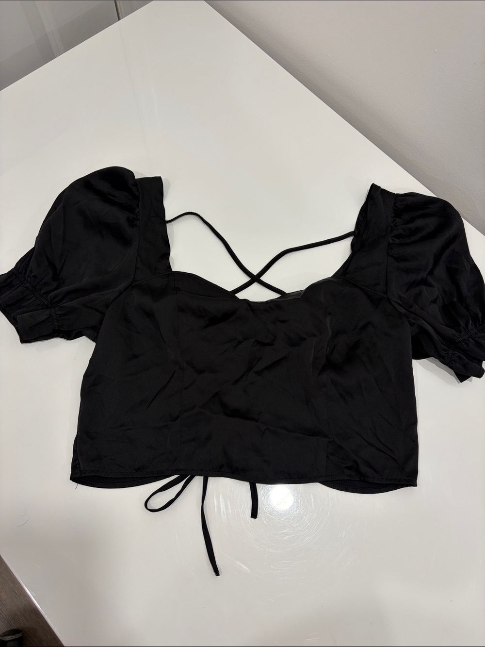 H&M Black Puff Sleeve Crop Top with Crisscross Straps